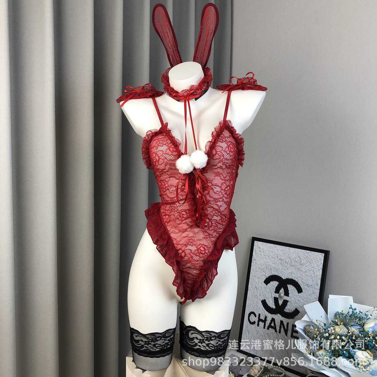 Image of Gardenia Sex Lingerie Bunny Girl Cute Lace One-piece Slim Sheer Strap Bundle Set Wholesale 8012